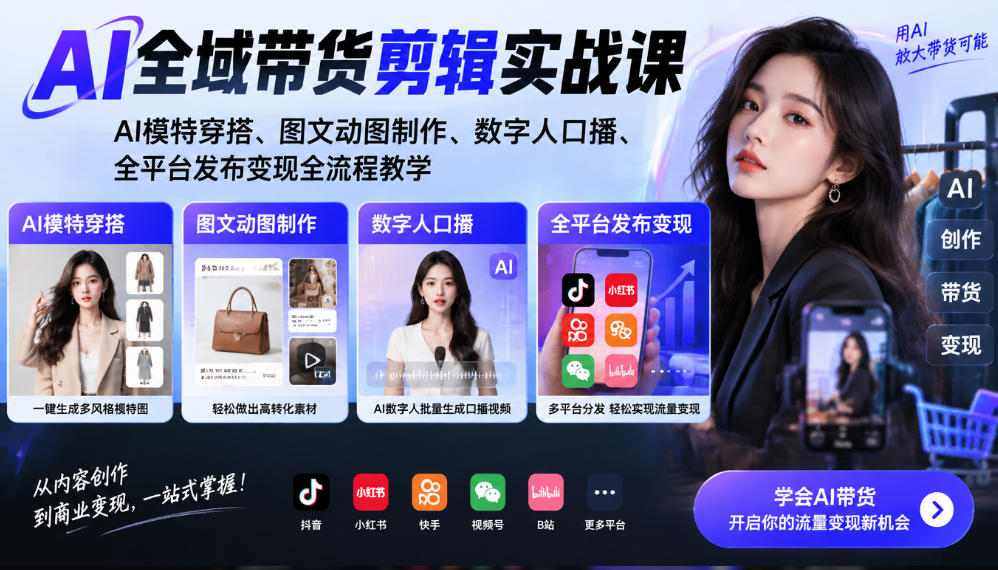 AI全域带货剪辑实战课|AI模特穿搭、图文动图制作、数字人口播、全平台发布变现全流程教学-朽念云创