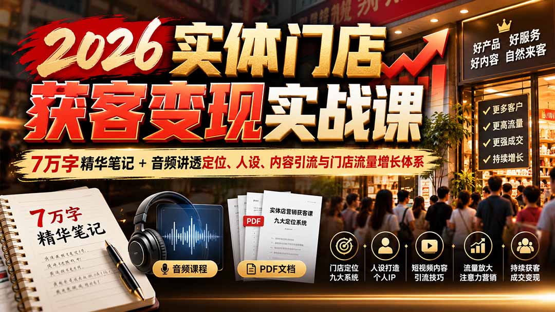 2026实体门店获客变现实战课：7万字精华笔记+音频讲透定位、人设、内容引流与门店流量增长体系-朽念云创