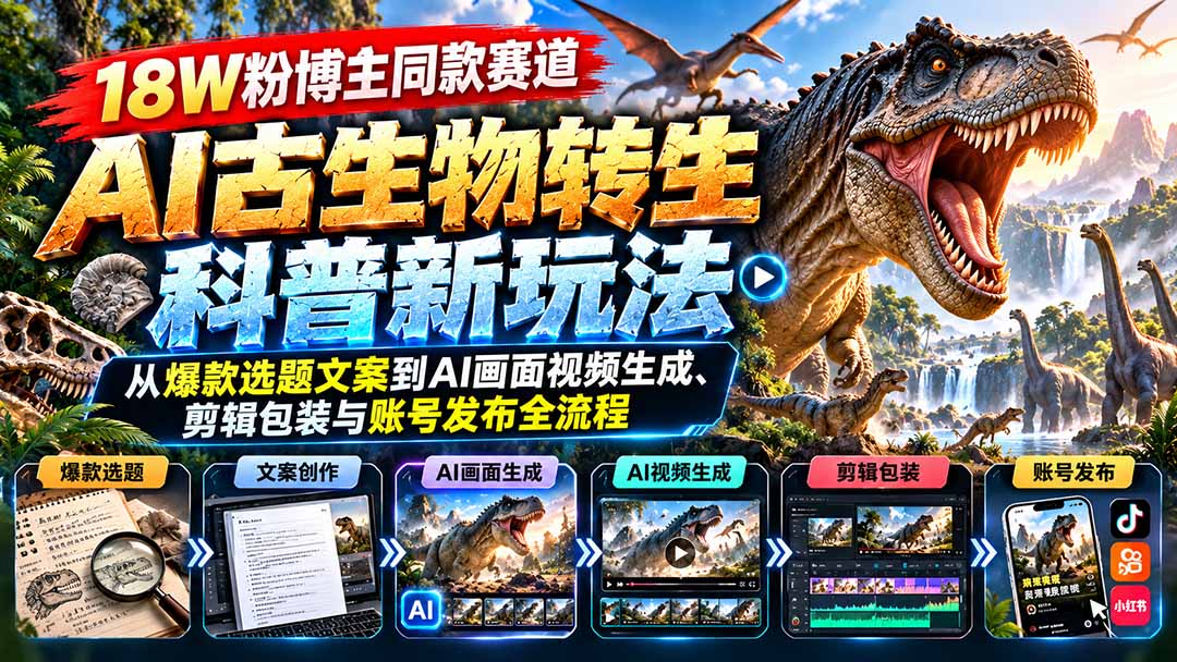 18W粉博主同款赛道-AI古生物转生科普新玩法：从爆款选题文案到AI画面视频生成、剪辑包装与账号发布全流程-朽念云创