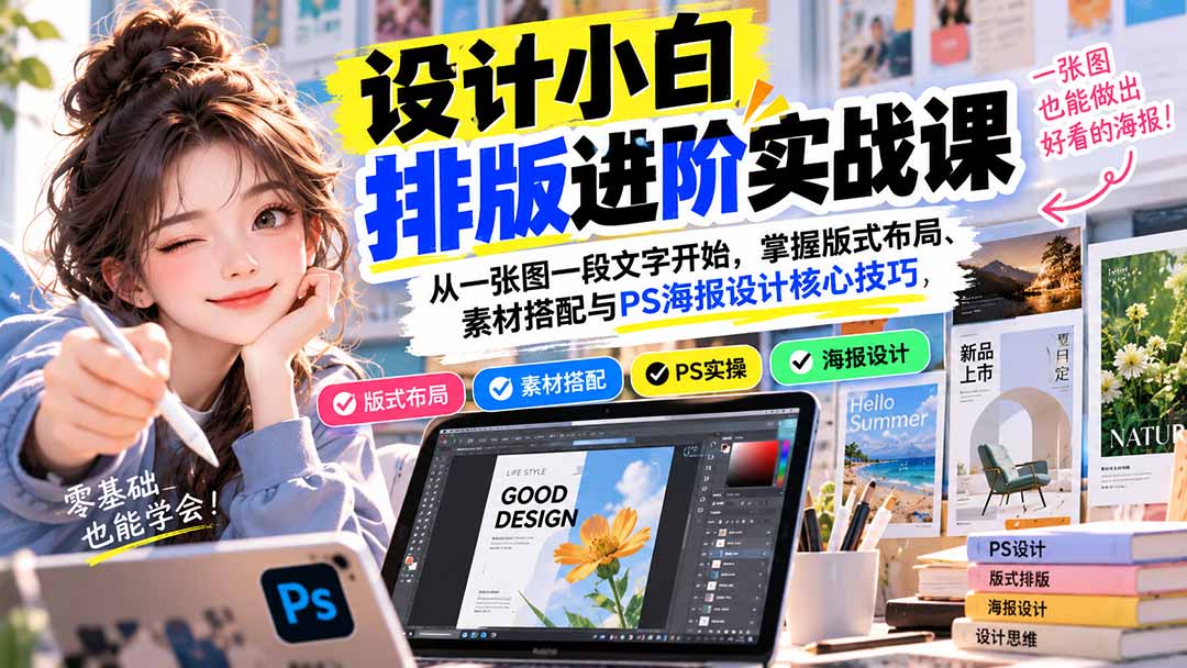 设计小白排版进阶实战课：从一张图一段文字开始，掌握版式布局、素材搭配与PS海报设计核心技巧-朽念云创