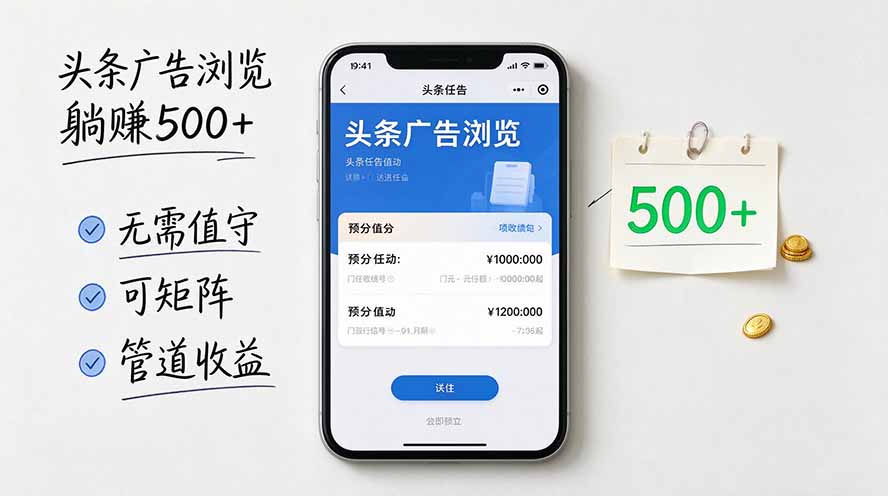 头条广告浏览躺赚500+无需值守，可矩阵并附有管道收益-朽念云创