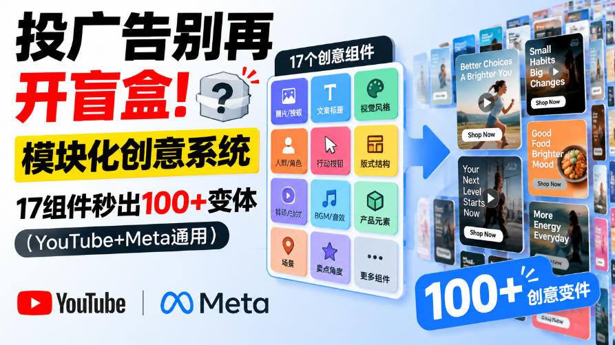 投广告别再开盲盒!模块化创意系统,17组件秒出100+变体(YouTube+Meta通用)【原创双语字幕】-朽念云创