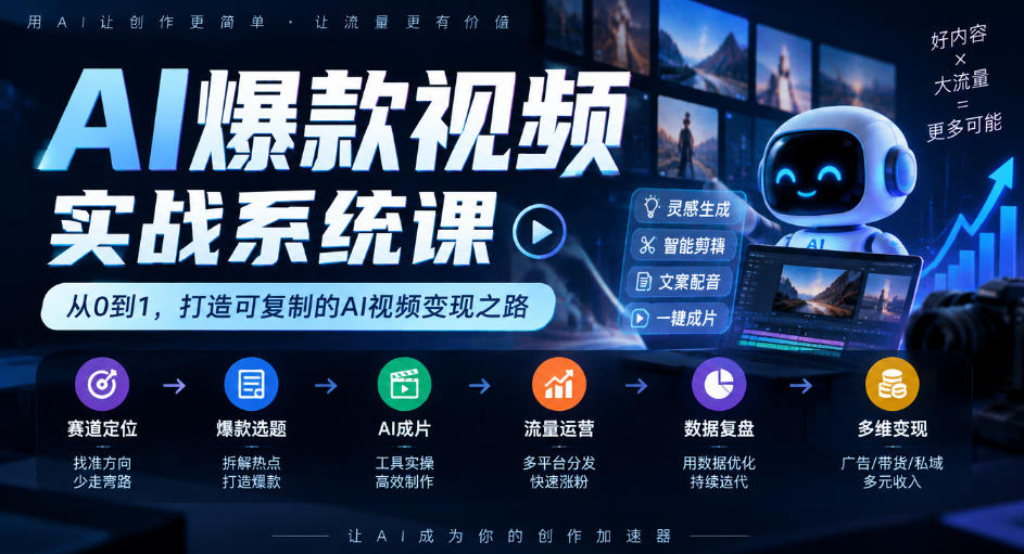 AI爆款视频实战系统课|赛道定位、爆款选题、AI成片、流量运营、数据复盘、多维变现全链路教学