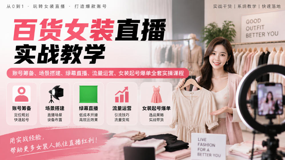百货女装直播实战教学|账号筹备、场景搭建、绿幕直播、流量运营、女装起号爆单全套实操课程-朽念云创