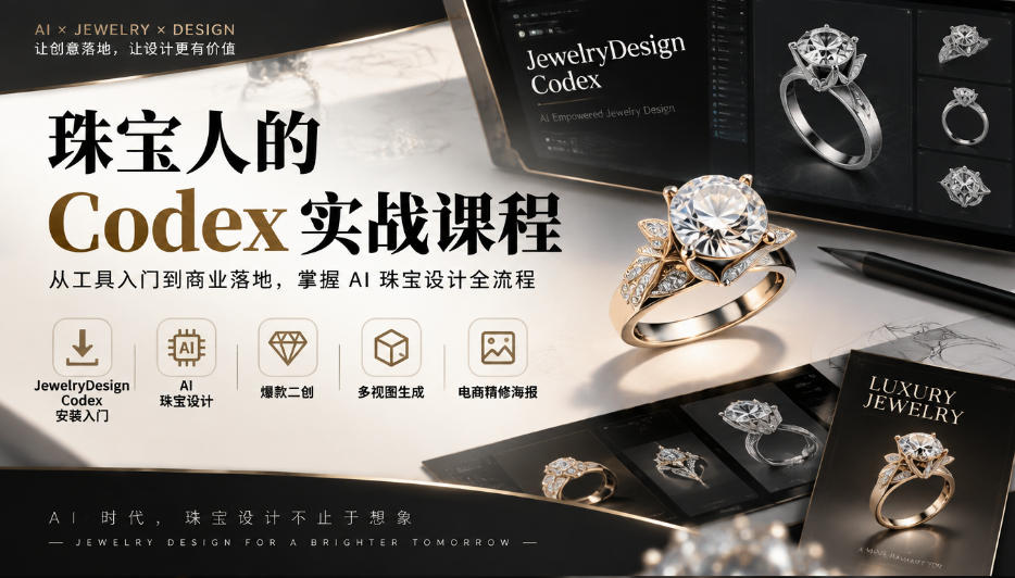 珠宝人的Codex实战课程｜JewelryDesign Codex安装入门、AI珠宝设计、爆款二创、多视图生成、电商精修海报全链路教学-朽念云创
