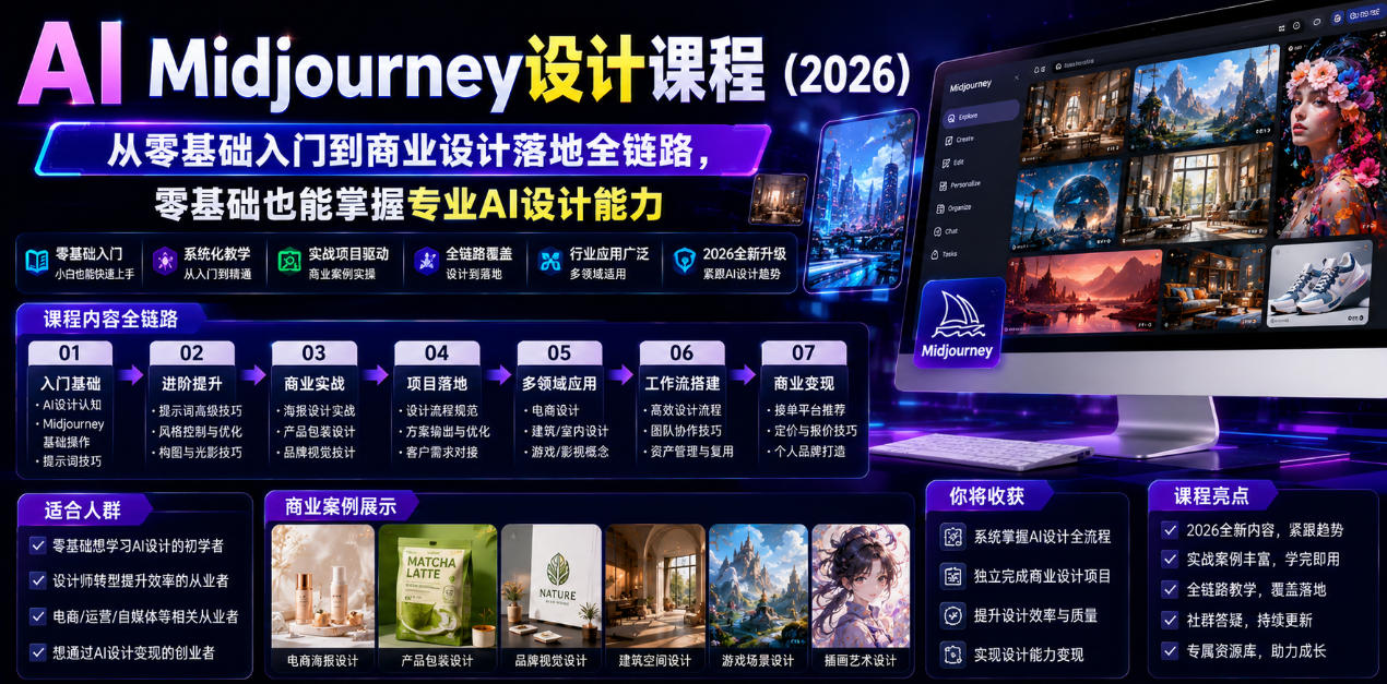 AI Midjourney设计课程(2026)，从零基础入门到商业设计落地全链路，零基础也能掌握专业AI设计能力(更新1007)-朽念云创