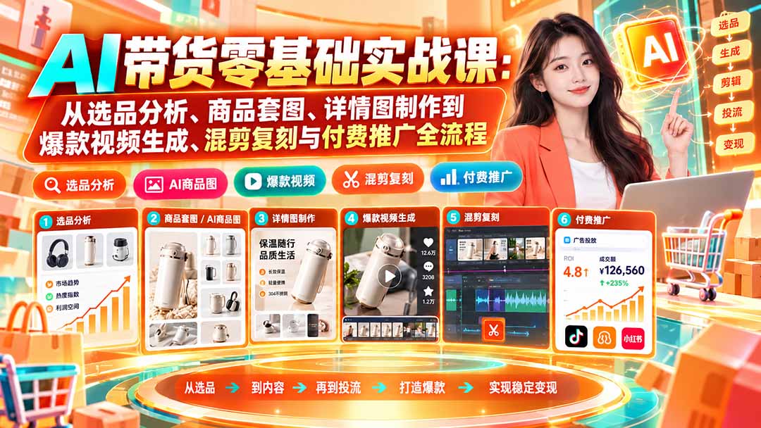 AI带货零基础实战课:从选品分析、商品套图、详情图制作到爆款视频生成、混剪复刻与付费推广全流程-朽念云创