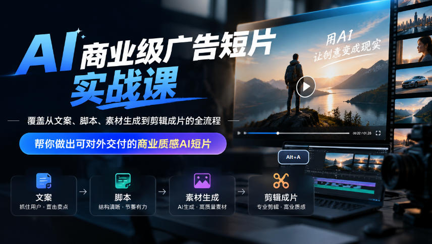 AI商业级广告短片实战课，覆盖从文案、脚本、素材生成到剪辑成片的全流程，帮你做出可对外交付的商业质感AI短片-朽念云创