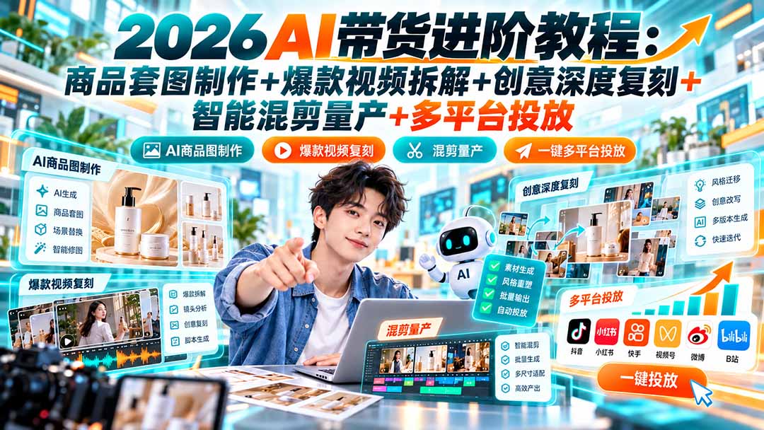 2026AI带货进阶教程：商品套图制作+爆款视频拆解+创意深度复刻+智能混剪量产+多平台投放-朽念云创