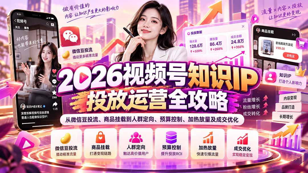 2026视频号知识IP投放运营全攻略:从微信豆投流、商品挂载到人群定向、预算控制、加热放量及成交优化-朽念云创
