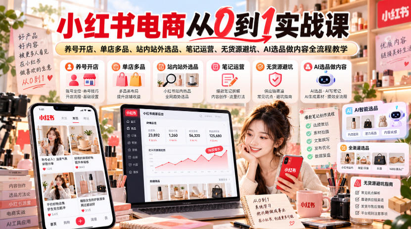 小红书电商从0到1实战课｜养号开店、单店多品、站内站外选品、笔记运营、无货源避坑、AI选品做内容全流程教学-朽念云创