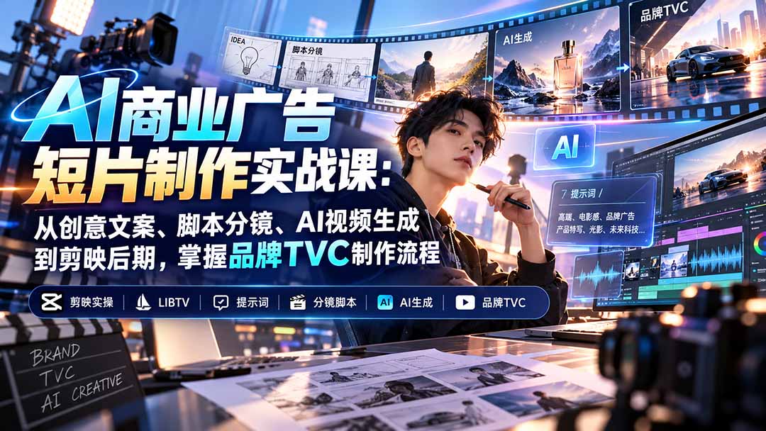 AI商业广告短片制作实战课：从创意文案、脚本分镜、AI视频生成到剪映后期，掌握品牌TVC制作流程-朽念云创
