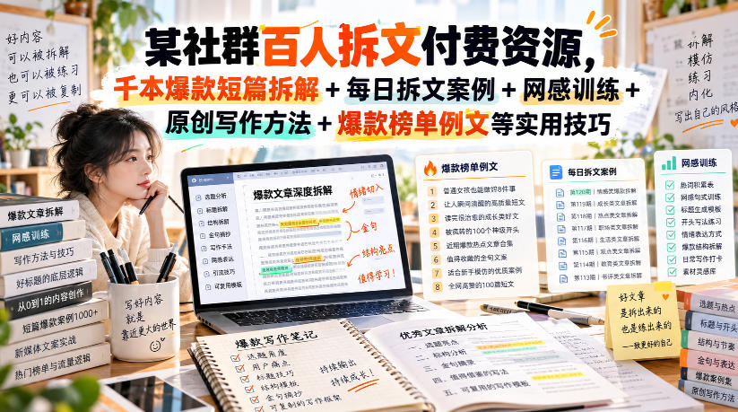 (无水印)某社群百人拆文付费资源，千本爆款短篇拆解+每日拆文案例+网感训练+原创写作方法+爆款榜单例文等实用技巧(更新1009)-朽念云创