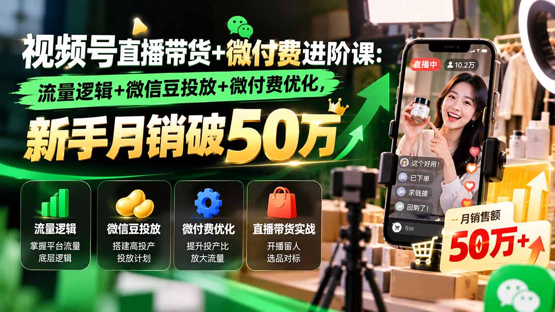 视频号直播带货+微付费进阶课-更新1010：流量逻辑+微信豆投放+微付费优化，新手月销破50万-朽念云创