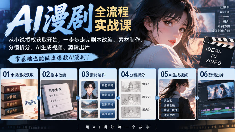 AI漫剧全流程实战课｜从小说授权获取开始，一步步走完剧本改编、素材制作、分镜拆分、AI生成视频、剪辑出片全流程-朽念云创