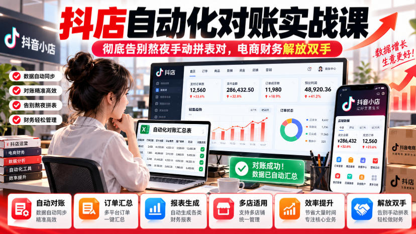 抖店自动化对账实战课，彻底告别熬夜手动拼表对，账电商财务解放双手-朽念云创