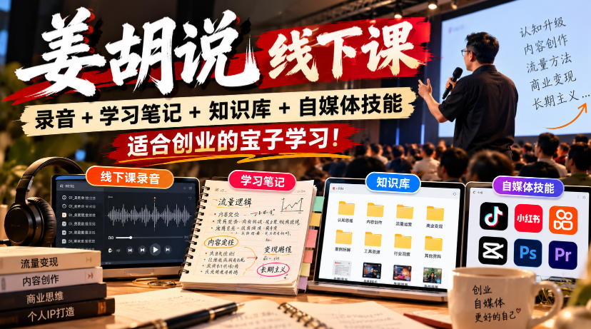姜胡说线下课录音＋学习笔记＋知识库＋自媒体技能，​适合创业的宝子学习！-朽念云创