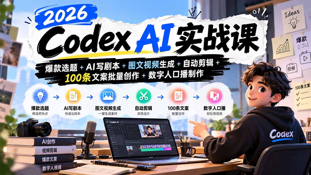 2026Codex AI实战课：爆款选题+AI写剧本+图文视频生成+自动剪辑+100条文案批量创作+数字人口播制作-朽念云创