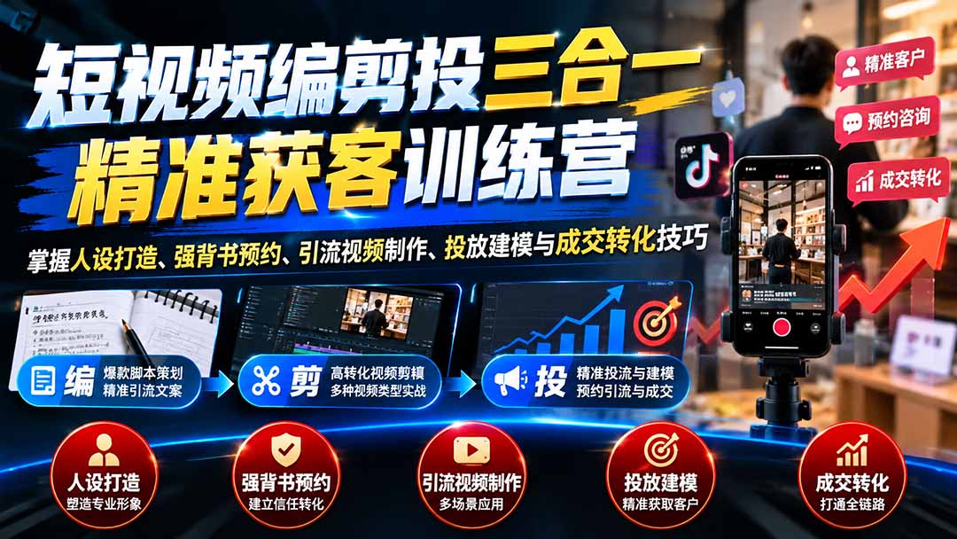 短视频编剪投三合一精准获客训练营：掌握人设打造、强背书预约、引流视频制作、投放建模与成交转化技巧-朽念云创