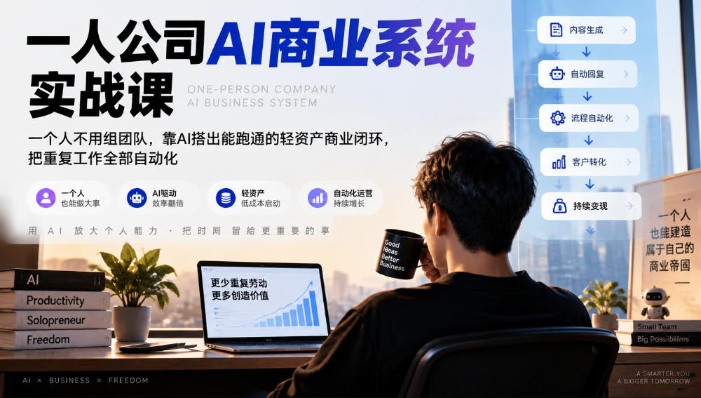 一人公司AI商业系统实战课,一个人不用组团队,靠AI搭出能跑通的轻资产商业闭环,把重复工作全部自动化-朽念云创