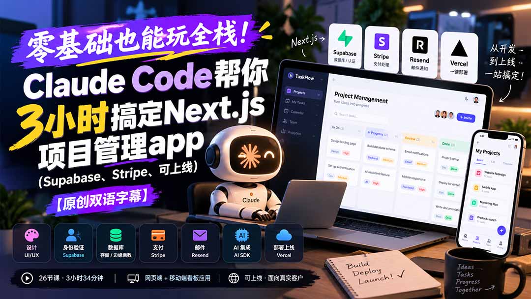 零基础也能玩全栈!Claude Code帮你3小时搞定Next.js项目管理app(Supabase、Stripe、可上线-朽念云创