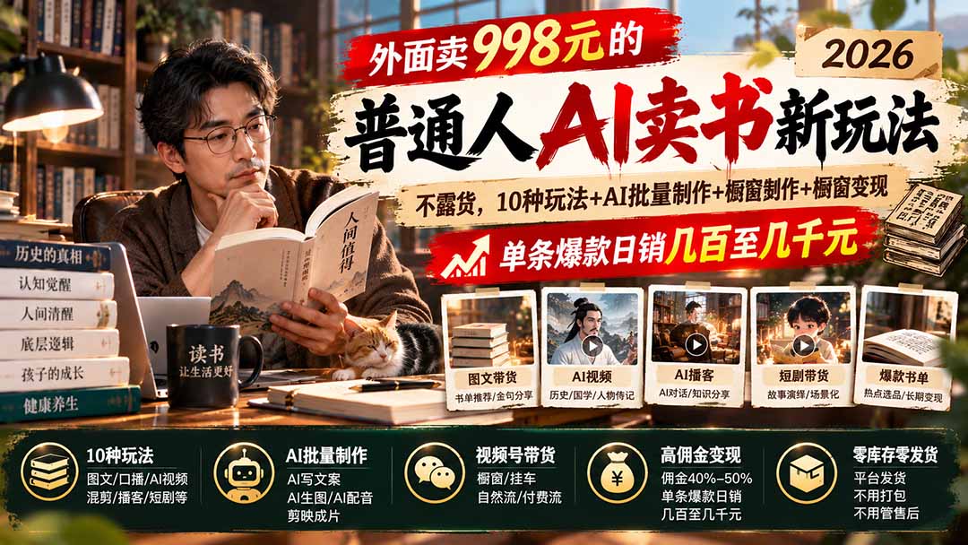 外面卖998元的2026普通人AI卖书新玩法：不露脸、不囤货，10种玩法+AI批量制作+橱窗变现，单条爆款日销几百至几千元-朽念云创