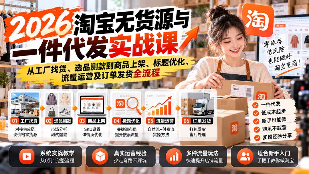 2026淘宝无货源与一件代发实战课：从工厂找货、选品测款到商品上架、标题优化、流量运营及订单发货全流程-朽念云创