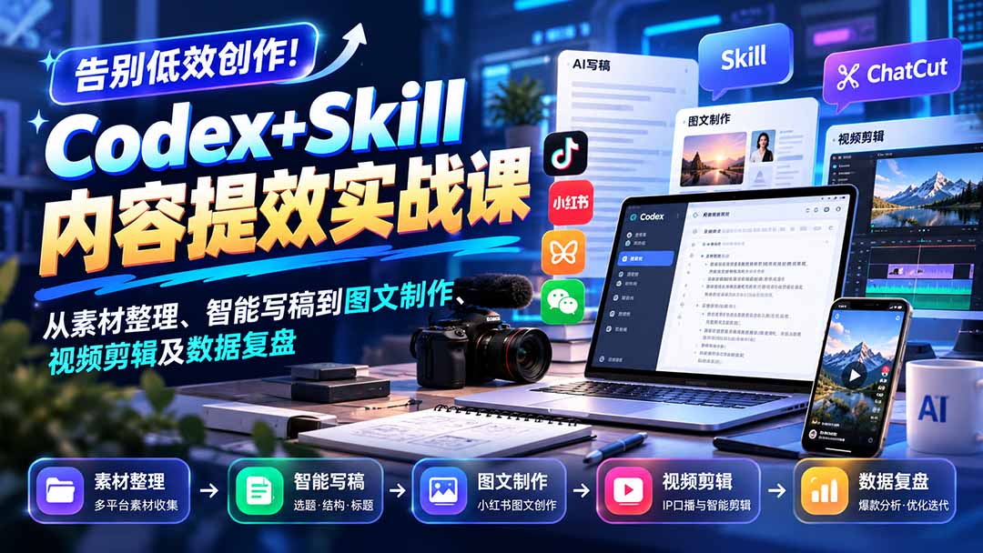 【无水印】告别低效创作！Codex+Skill内容提效实战课：从素材整理、智能写稿到图文制作、视频剪辑及数据复盘-朽念云创