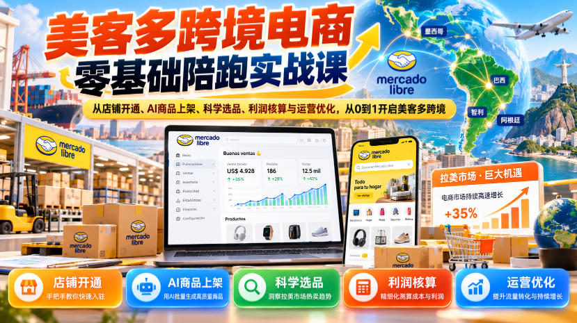 美客多跨境电商零基础陪跑实战课：从店铺开通、AI商品上架、科学选品、利润核算与运营优化，从0到1开启美客多跨境-朽念云创