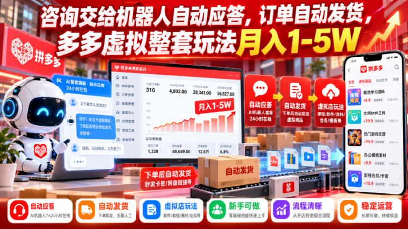 咨询交给机器人自动应答,订单自动发货,多多虚拟整套玩法月入1-5W【揭秘】-朽念云创