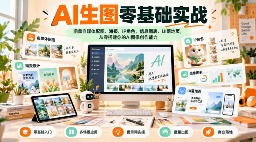 AI生图零基础实战，涵盖自媒体配图、海报、IP角色、信息图表、UI落地页，从零搭建你的AI图像创作能力-朽念云创