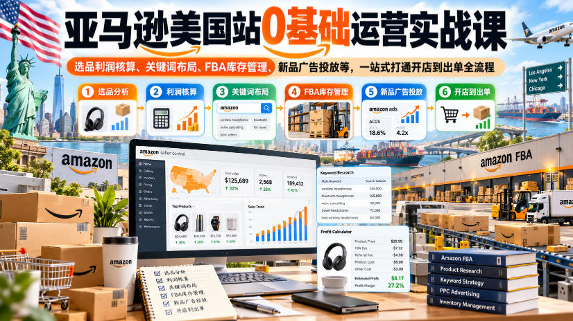 亚马逊美国站0基础运营实战课｜选品利润核算、关键词布局、FBA库存管理、新品广告投放等，一站式打通开店到出单全流程-朽念云创