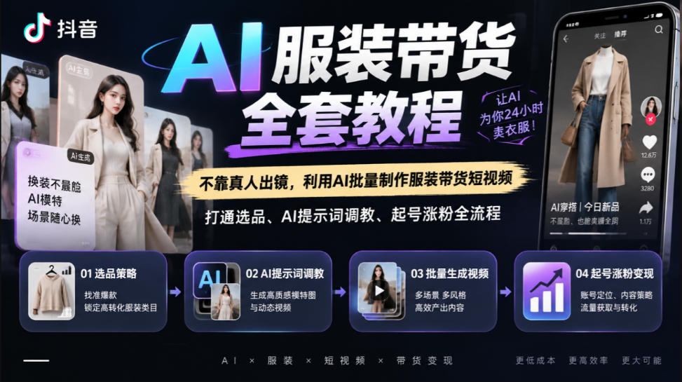 抖音AI服装带货全套教程,不靠真人出镜,利用AI批量制作服装带货短视频,打通选品、AI提示词调教、起号涨粉全流程-朽念云创