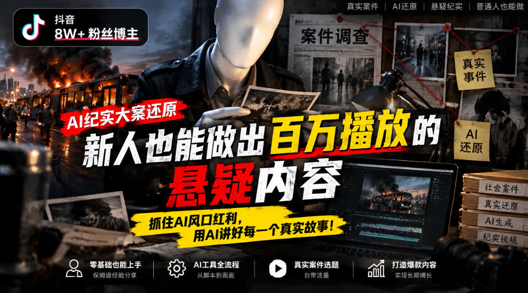 抖音8W粉丝博主的AI纪实大案还原教学,新人也能做出百W播放的悬疑内容,抓住AI风口红利,用AI讲好每一个真实故事(更新1014)-朽念云创