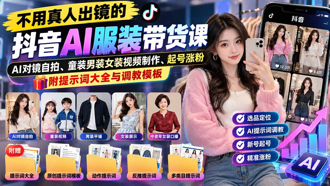 不用真人出镜的抖音AI服装带货课：AI对镜自拍、童装男装女装视频制作、起号涨粉，附提示词大全与调教模板-朽念云创