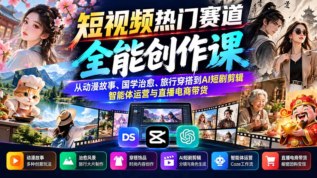 短视频热门赛道全能创作课：从动漫故事、国学治愈、旅行穿搭到AI短剧剪辑、智能体运营与直播电商带货-朽念云创