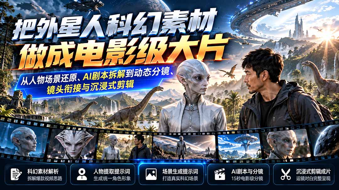 把外星人科幻素材做成电影级大片：从人物场景还原、AI剧本拆解到动态分镜、镜头衔接与沉浸式剪辑-朽念云创