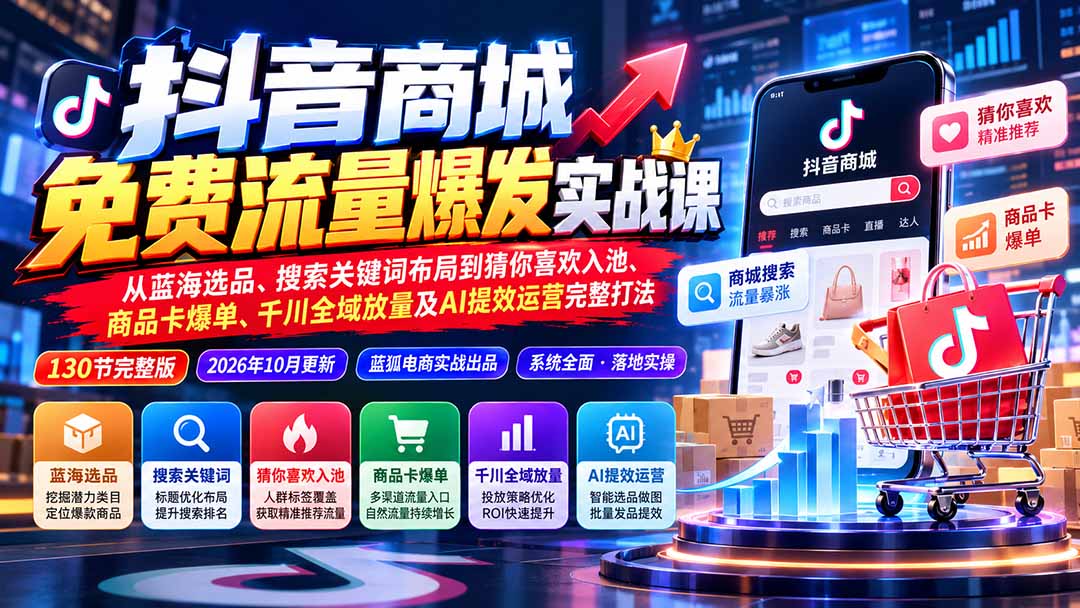 抖音商城免费流量爆发实战:从蓝海选品、搜索关键词布局到猜你喜欢入池、商品卡爆单、千川全域放量及AI提效完整打法-朽念云创