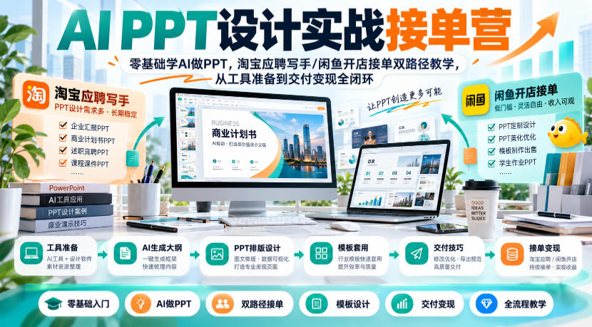 AI PPT设计实战接单营｜零基础学AI做PPT，淘宝应聘写手/闲鱼开店接单双路径教学，从工具准备到交付变现全闭环-朽念云创