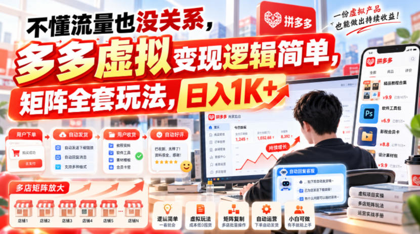 不懂流量也没关系,多多虚拟变现逻辑简单,矩阵全套玩法,日入1K+【揭秘】-朽念云创
