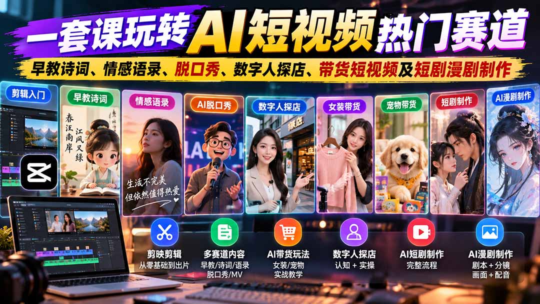 一套课玩转AI短视频热门赛道：早教诗词、情感语录、脱口秀、数字人探店、带货短视频及短剧漫剧制作  复制标题-朽念云创