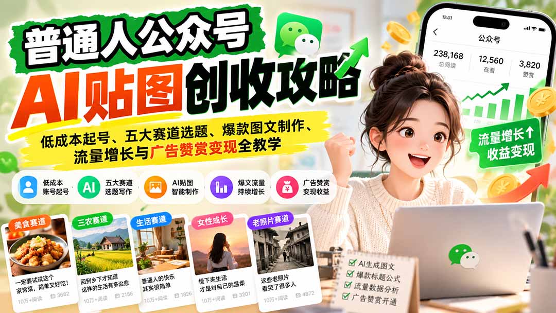 普通人公众号AI贴图创收攻略：低成本起号、五大赛道选题、爆款图文制作、流量增长与广告赞赏变现全教学-朽念云创