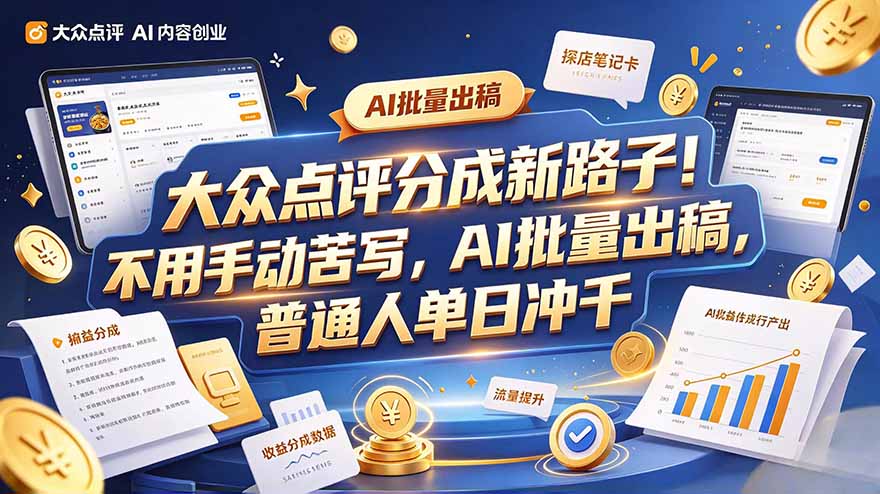 大众点评副业新玩法，工具提效解放双手，批量做笔记，单日可破千-朽念云创
