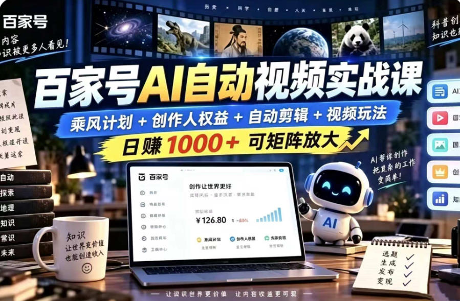 百家号自动矩阵玩法，长期可以做的项目，日入1k+，真正的睡后收入-朽念云创