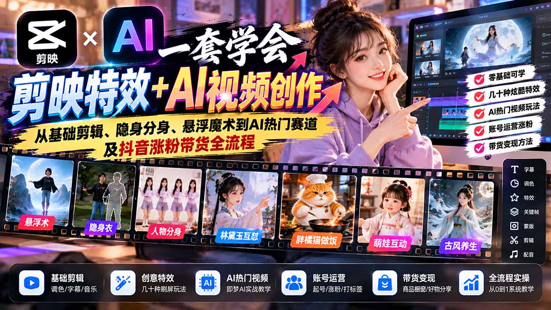 一套学会剪映特效+AI视频创作：从基础剪辑、隐身分身、悬浮魔术到AI热门赛道及抖音涨粉带货全流程-朽念云创
