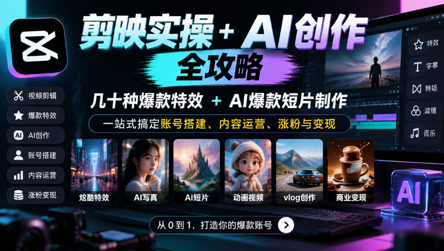 剪映实操+AI创作全攻略｜几十种爆款特效+AI爆款短片制作，一站式搞定账号搭建、内容运营、涨粉与变现-朽念云创