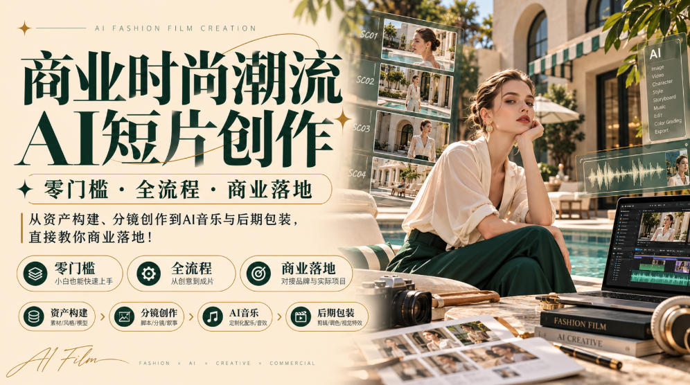 商业时尚潮流AI短片创作｜零门槛・全流程・商业落地，从资产构建、分镜创作到AI音乐与后期包装，直接教你商业落地！-朽念云创