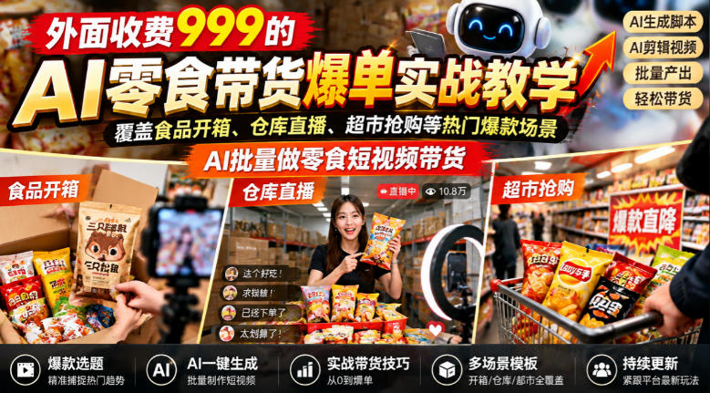 外面收费999的AI零食带货爆单实战教学,覆盖食品开箱、仓库直播、超市抢购等热门爆款场景,AI批量做零食短视频带货-朽念云创