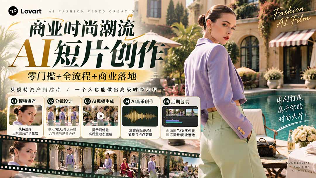 从一张模特图到高级时尚广告大片:AI三视图资产、场景合成、电影分镜、动态生成与复古音乐剪辑实战课-朽念云创