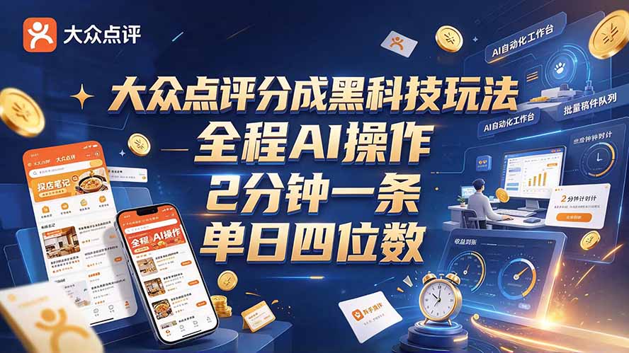 大众点评分成全网独家玩法，AI 全自动出内容，2 分钟一条，小白可冲单日四位数-朽念云创